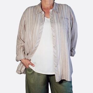 Susan Graver Linen Blend Striped Shirt Tan Beige Roll Tab Plus 1X 2X Neutral NWT